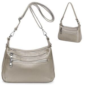 3474 Leather Shoulder Bag Medium Size Handbag Purse Multi Zip Pockets